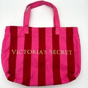 Victoria's Secret Tote Bag Red/Pink Striped Canvas Beach Bag Shoulder Purse